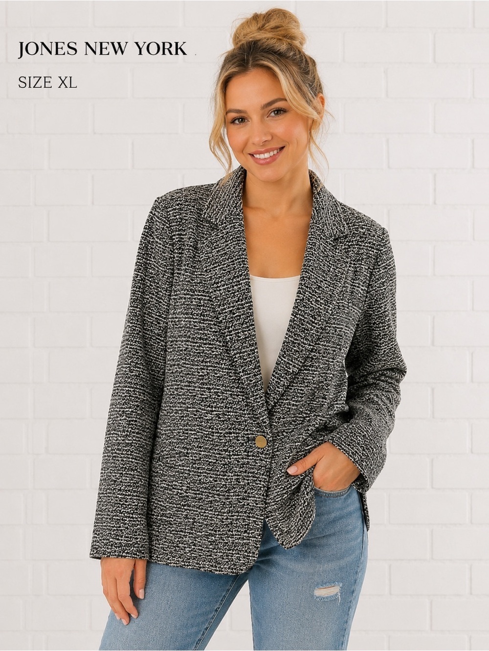 JONES NEW YORK women black and white jacket academia classic blazer/XL